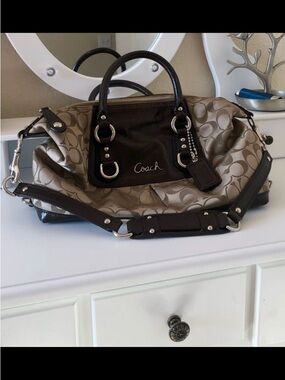 Coach Signature Satchel Shoulder Bag in Khaki/Black AUTHENTIC